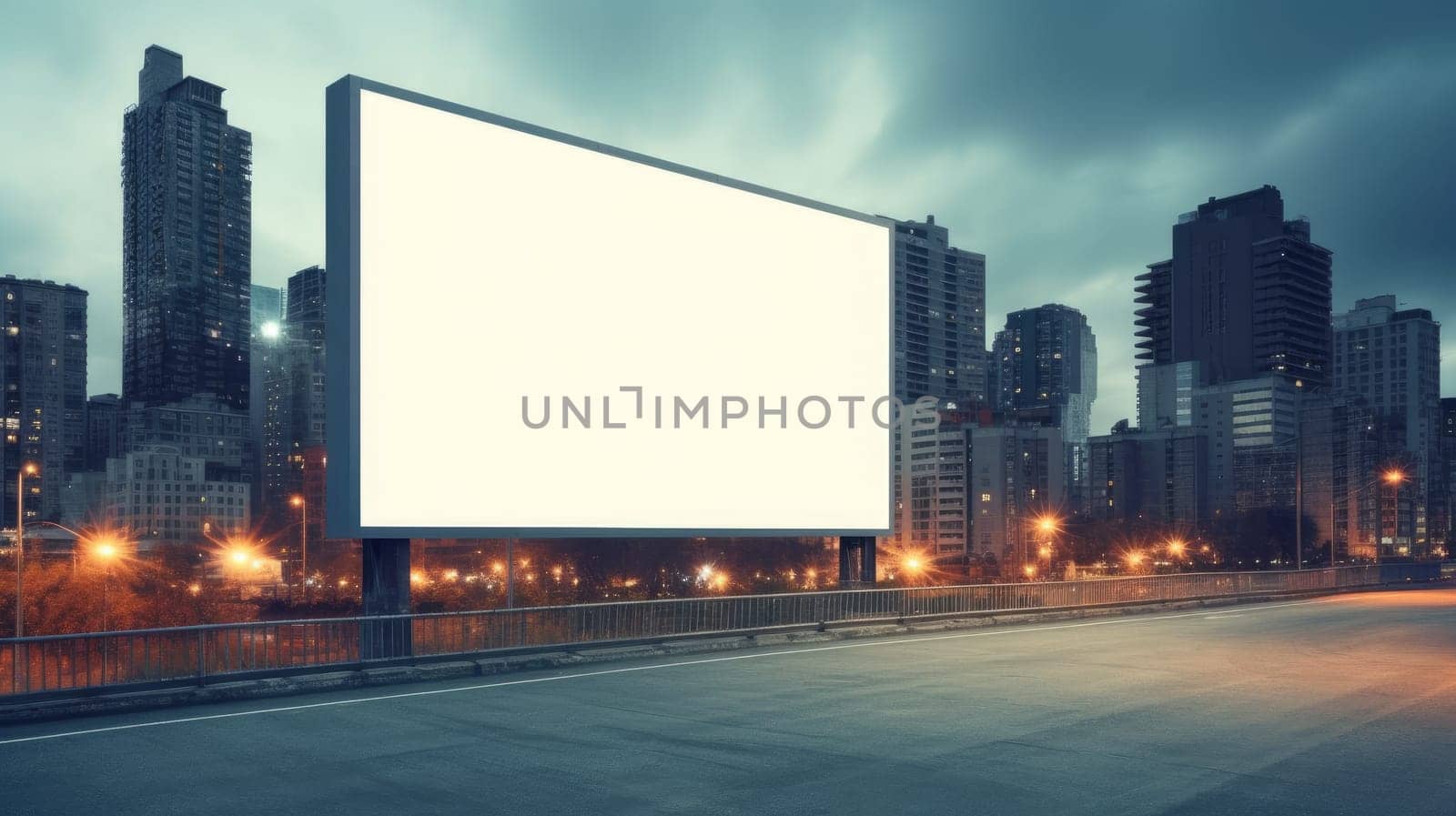 Urban billboard above an empty highway with overcast skies and modern cityscape in the background. A large blank billboard on the side of a highway. The rectangular billboard made of metal. AIG35.