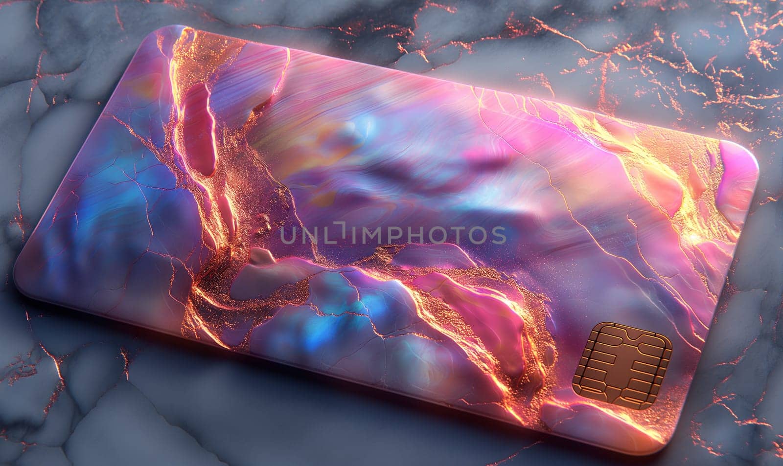 A credit card resting on a sleek marble surface. Selective focus.