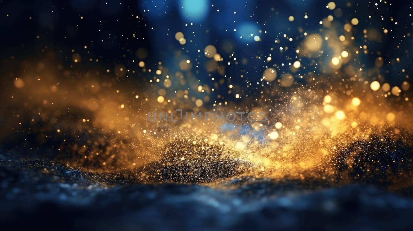 Close up of golden glitter on a textured blue surface. A blue and gold background with sparkles scattering around on the floor with blurring background. Festive and luxury background concept. AIG35.