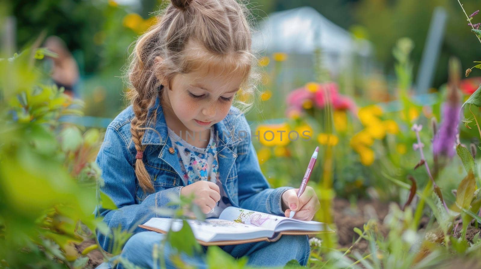 A toddler is happily sitting on the grass, smiling and writing in her notebook. She is sharing her leisure time with a terrestrial plant, showing adaptation to her small groundcover surroundings AIG50