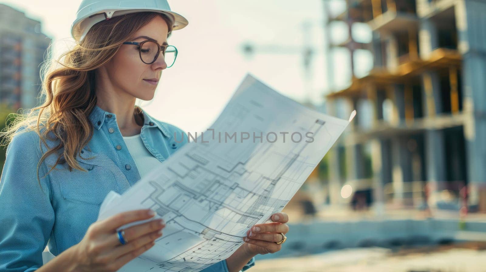 A woman is examining a blueprint outside an Azure tower block under construction. She seems to be planning a fun event at the condominium with a leisurely vibe and stylish facade AIG50