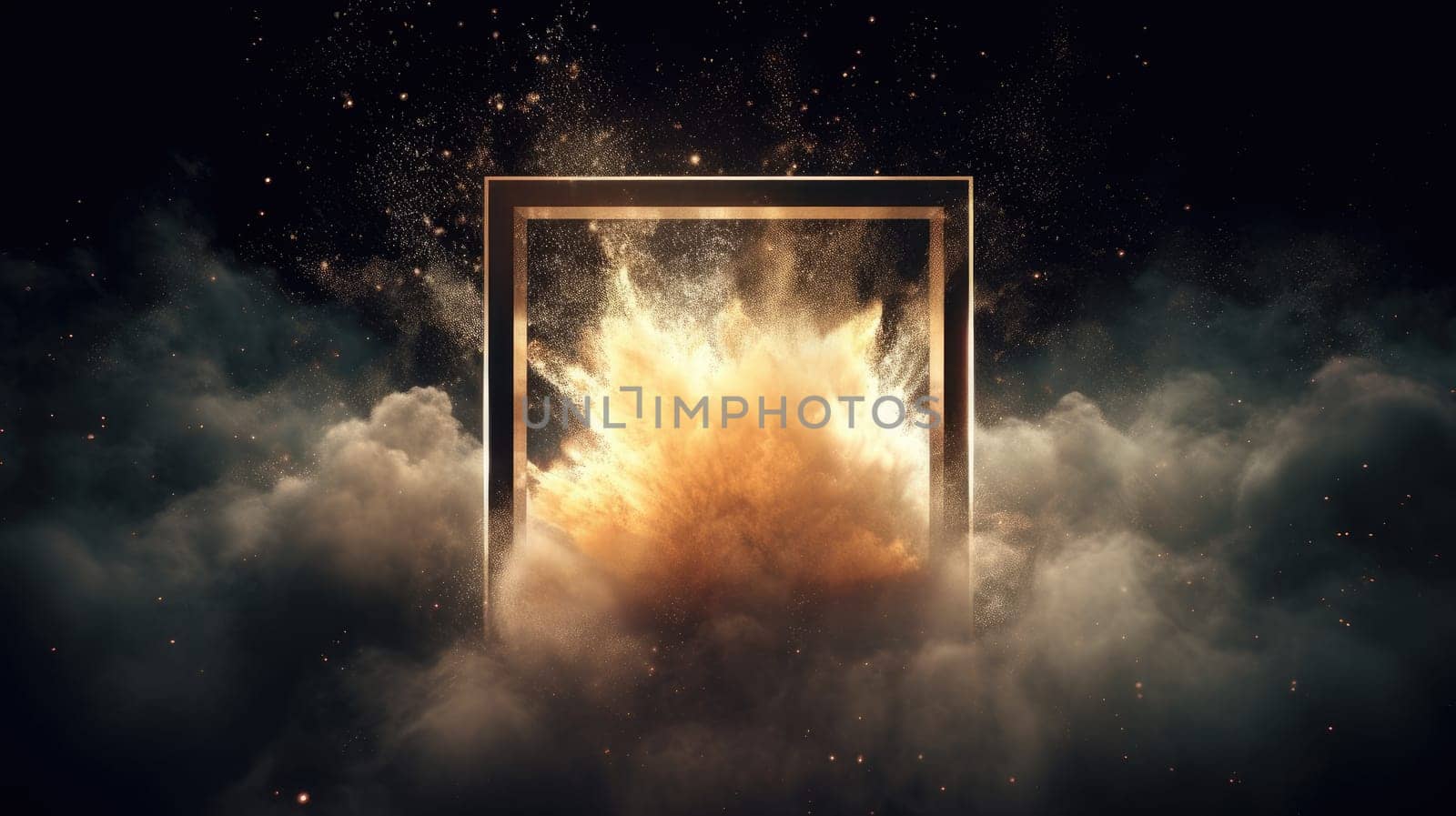 Digital artwork of enigmatic framed with smoke and glowing light on black background. Surreal wallpaper of elegant golden square picture frame with smoke. Mystery and abstract concept art. AIG35.