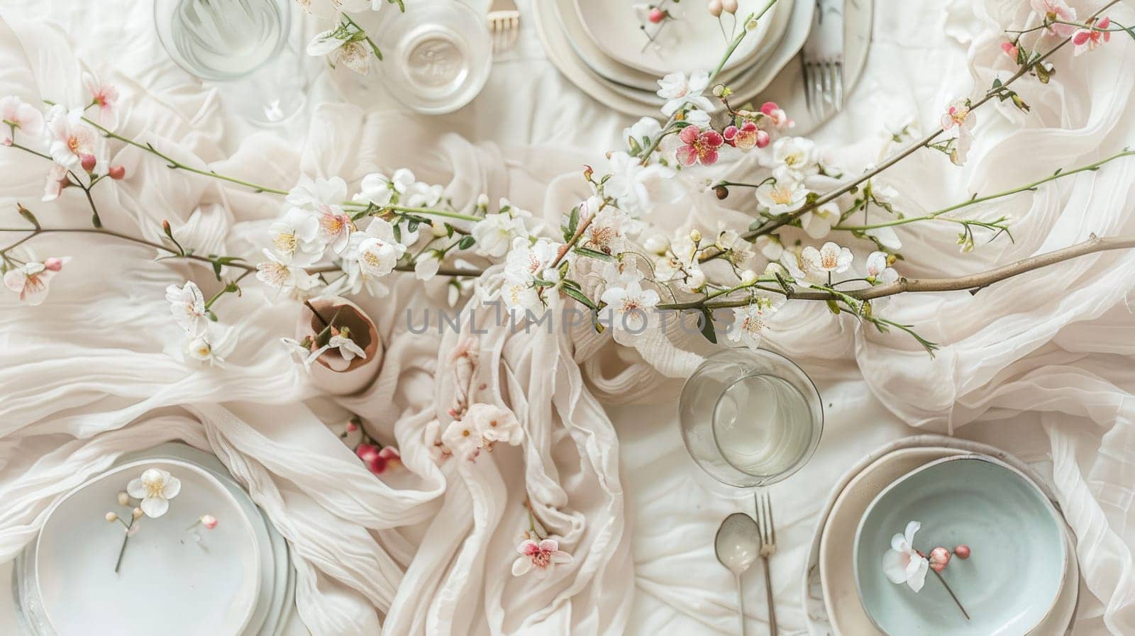 A beautifully arranged table featuring plates, silverware, and a stunning centerpiece of flowers including roses. The peachcolored petals add a touch of elegance to the creative arts display AIG50