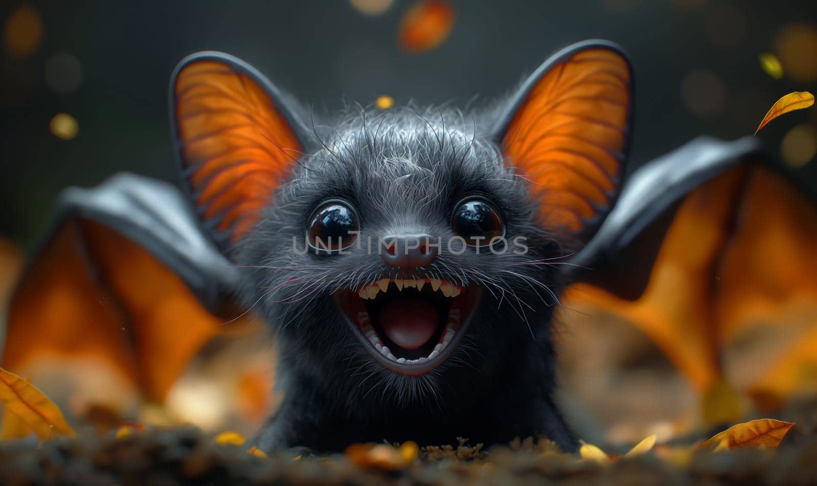 3D illustration of a bat with spread wings. Selective focus.