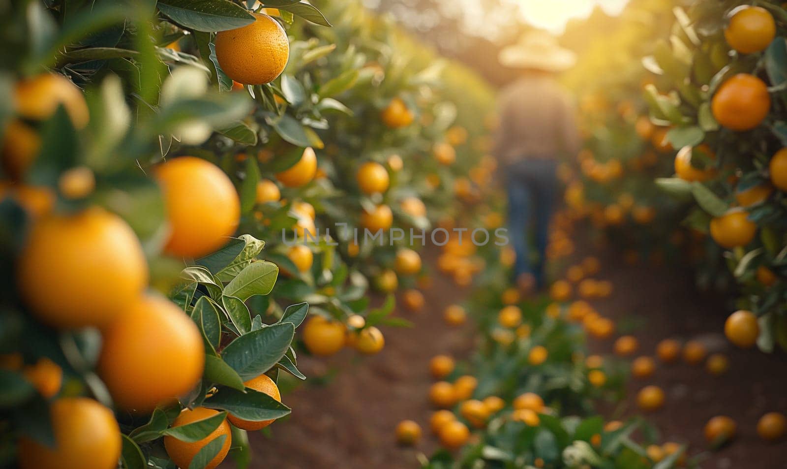 Man in straw hat strolling in orange grove. Selective focus.