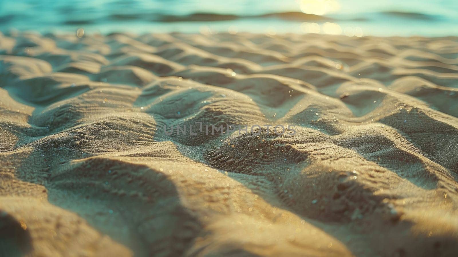 A close up of a sandy beach with waves crashing onto the shore, showcasing the beauty of natures water and wind waves in a natural landscape AIG50