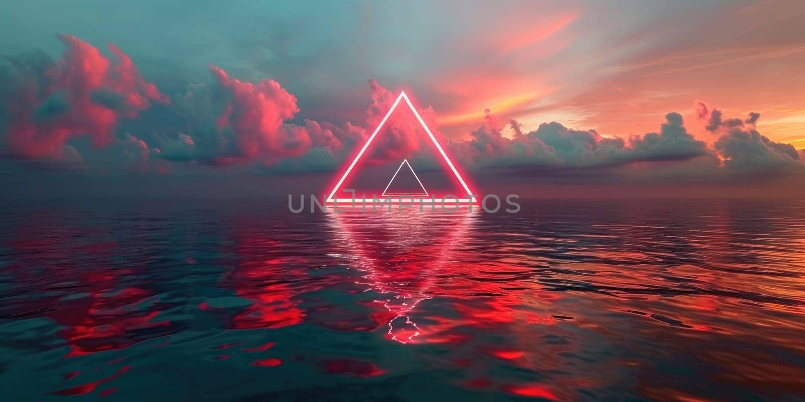 The great reddish floating triangle beyond the ocean that surrounded with a lot amount of the tall cloud at the dawn or dusk time of the day that shine light to the every part of the picture. AIGX03.