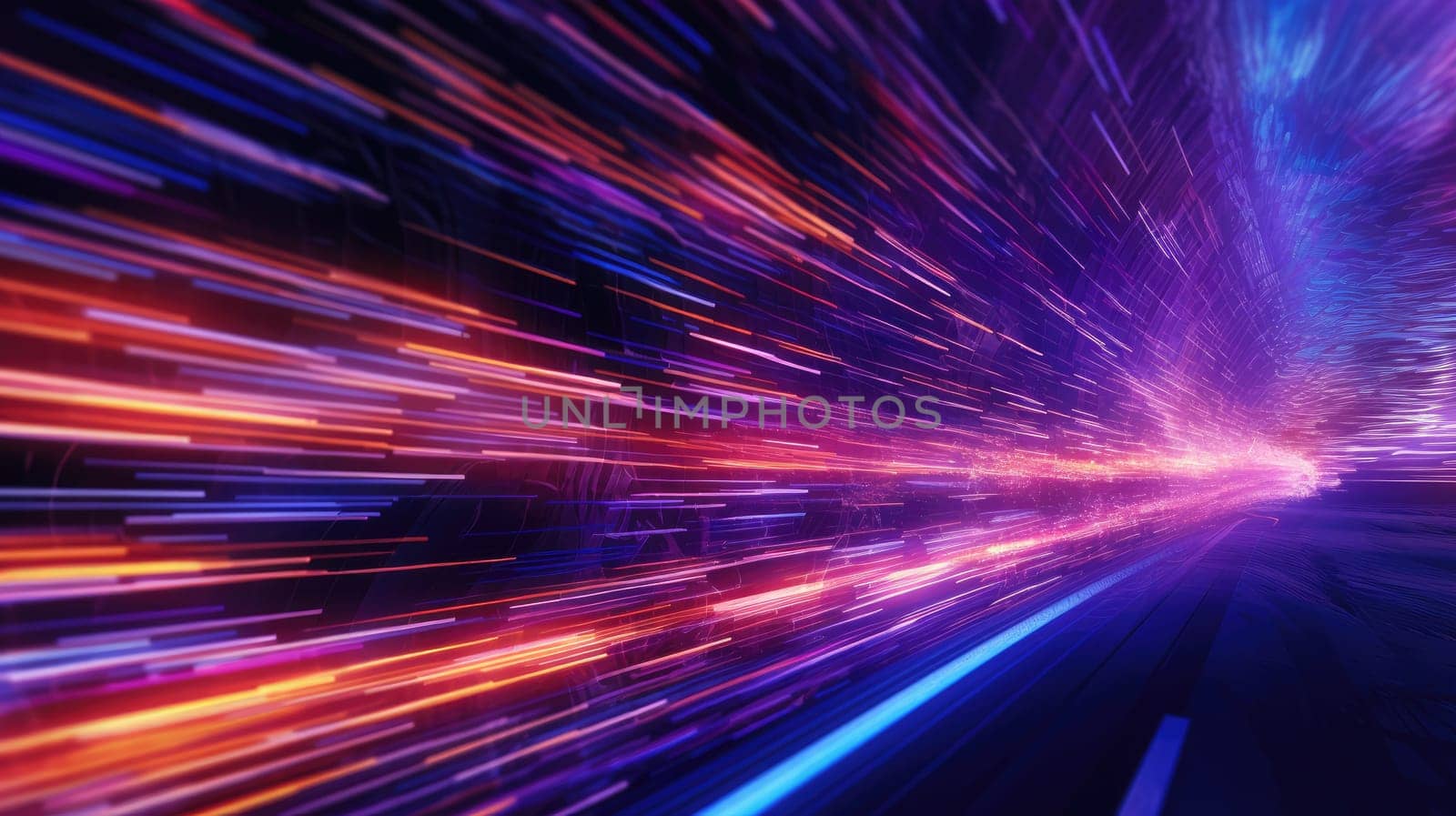 Vivid abstract particles traveling at high speed creating a sense of fast motion and color diversity. Abstract digital art of colorful vibrant neon line with futuristic glowing speed line art. AIG35.