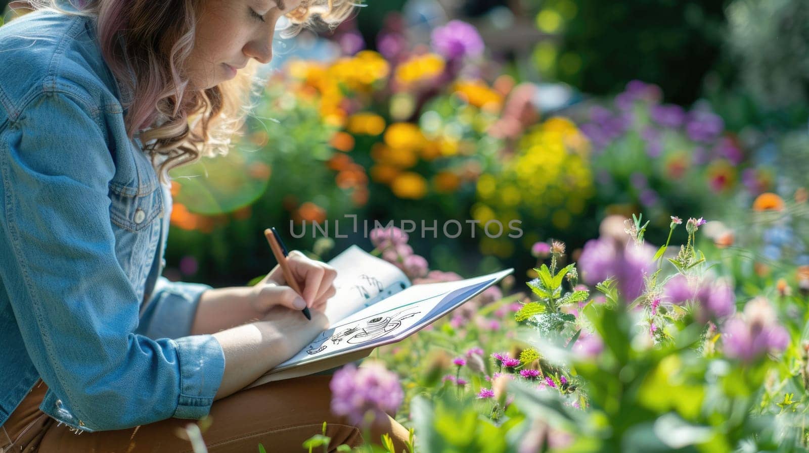 A woman is relaxing in a natural landscape garden surrounded by plants and grass, leisurely writing in a notebook while enjoying the peaceful landscape AIG50