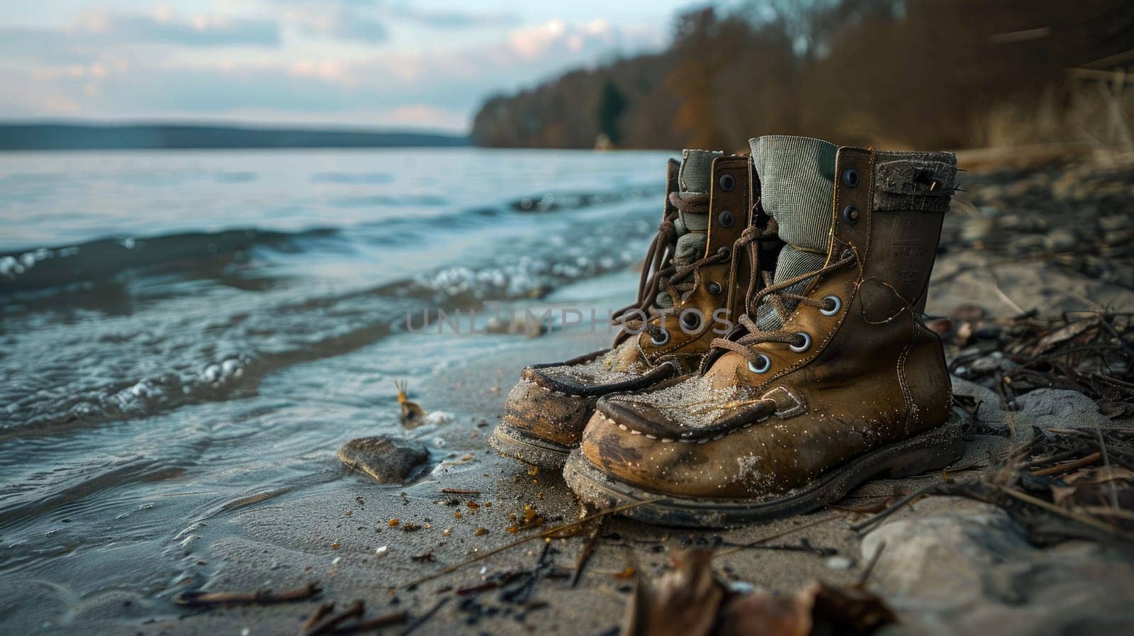 A pair of boots is drifting in the fluid water, surrounded by natural landscapes of soil, plants, trees, and rocks. It seems like a mysterious event AIG50