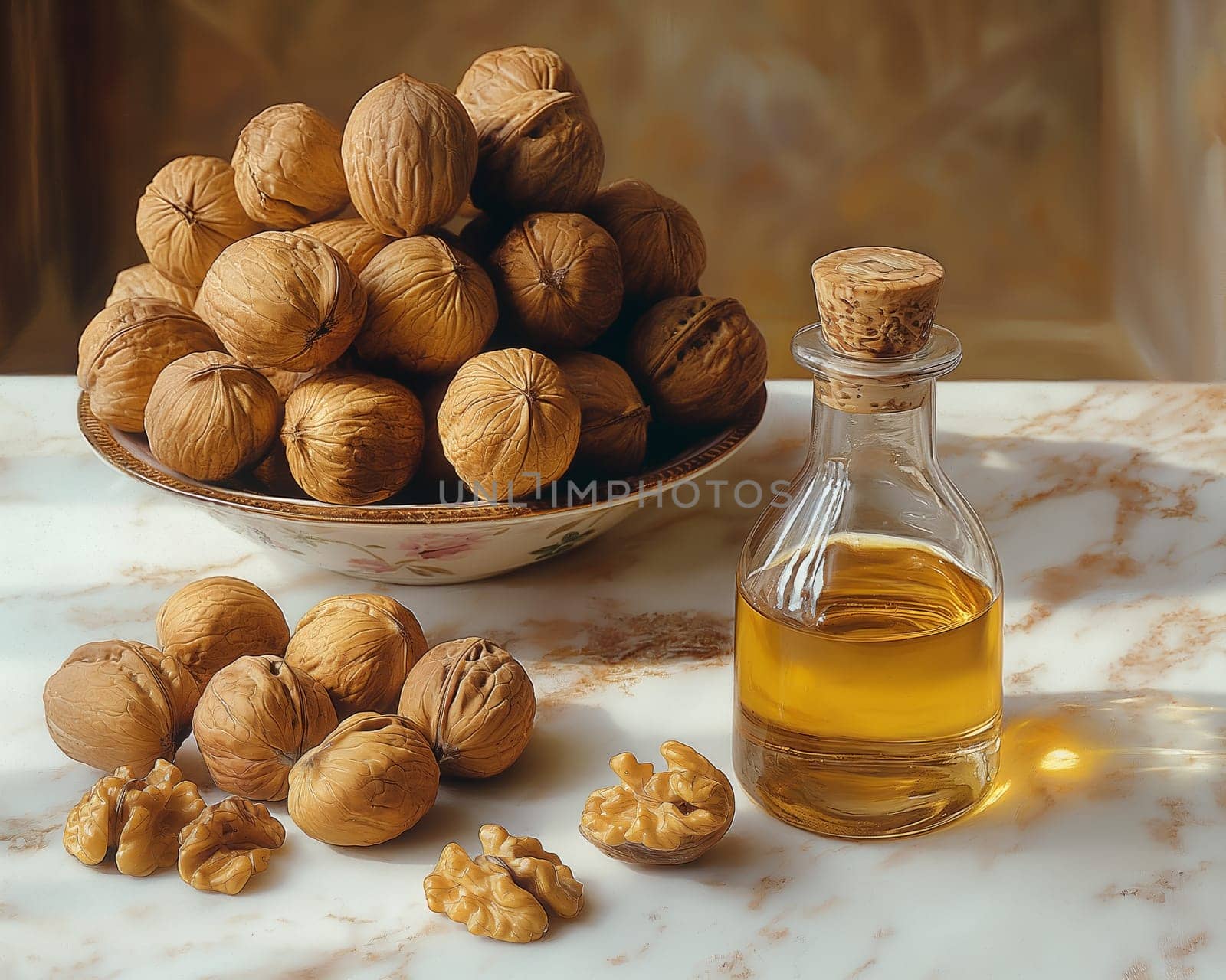 Walnut Oil and Whole Walnuts on Table. Selective focus.