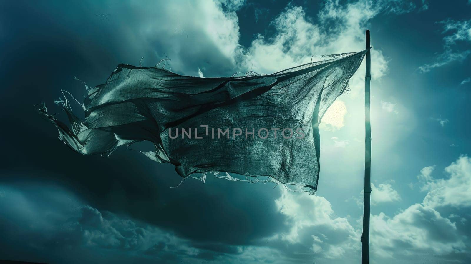 A vibrant red flag flutters under a cumulus cloud in the electric blue sky amidst the vast expanse of liquid water, signaling a warning to travelers of potential danger ahead AIG50