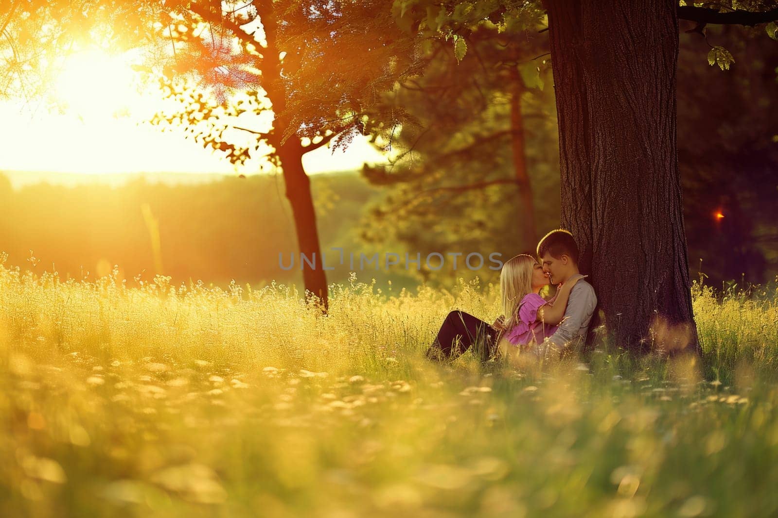 The picture about couple hugging each other has been surrounded with grass under the tall tree in the forest bright by light of daytime in morning or evening at dawn or dusk time of the year. AIGX01.