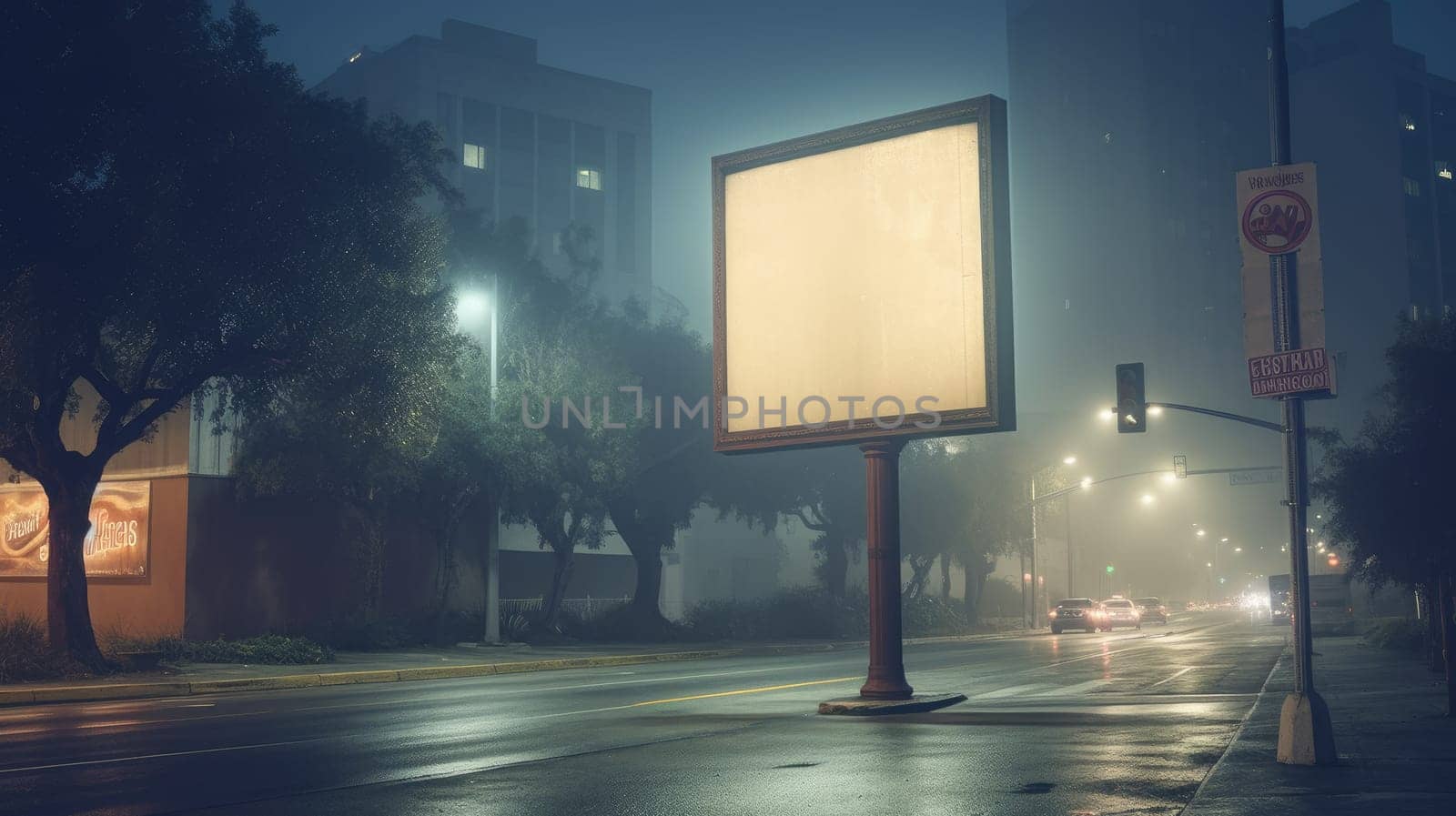 Large empty billboard on a misty urban street at night with city lights. A mock-up of a blank billboard on a city street at night surrounded by city street and modern building at night time. AIG35.