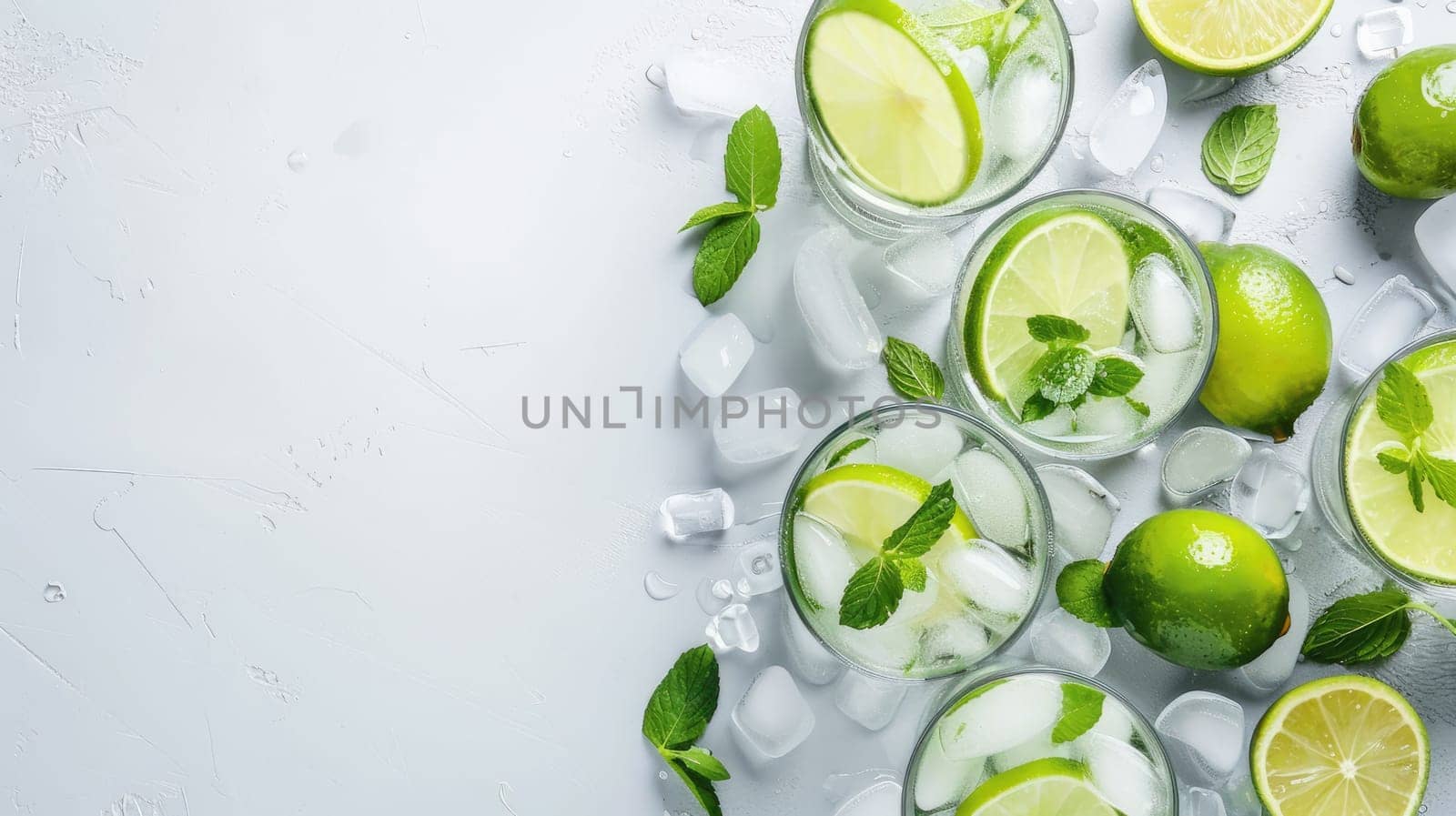 A refreshing beverage made of water, limes, and mint leaves in a glass on the table, perfect for a hot day AIG50
