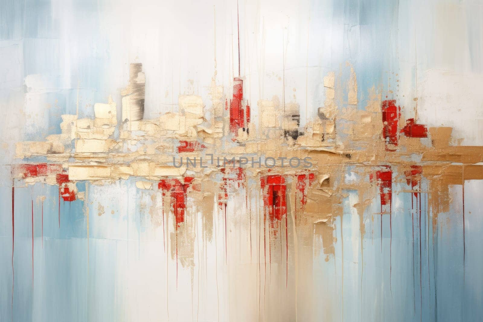 The abstract picture of the gold, blue and red colours that has been painted or splashed on the white blank background wallpaper to form the random shape that cannot be describe yet beautiful. AIGX01.