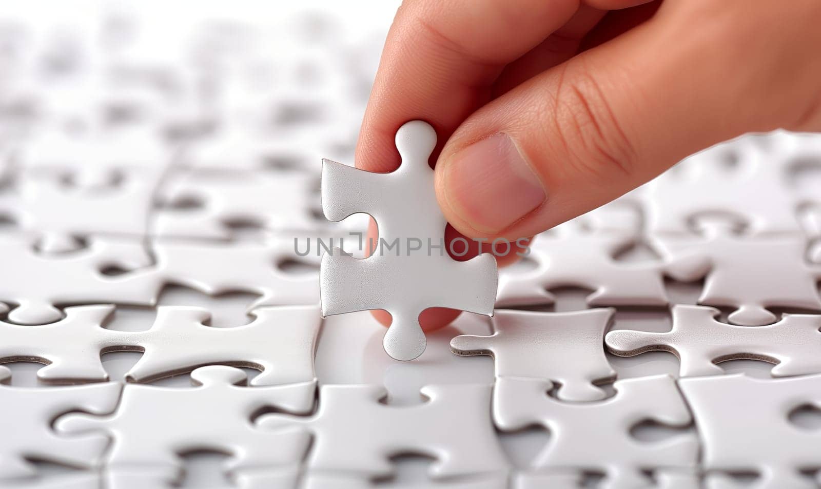 Close-up of a hand placing a puzzle piece. Selective focus.