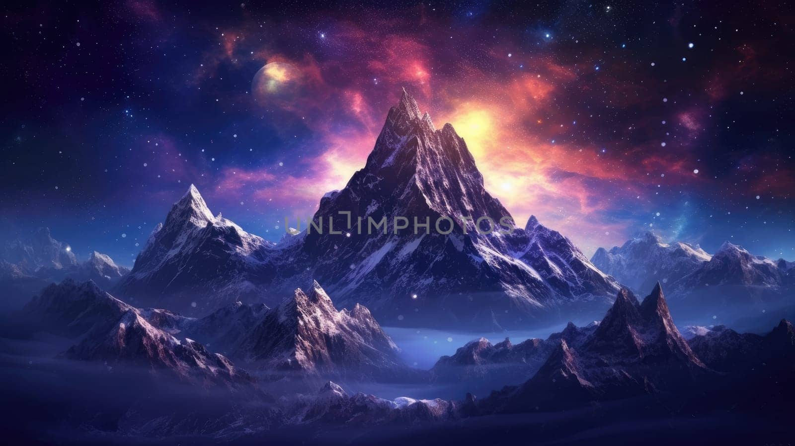 Beautiful mountain range under a star-filled night sky. Digital artwork of cosmic landscape surrounded with starry night. Adventure and exploration concept for wallpaper and design concept. AIG35.