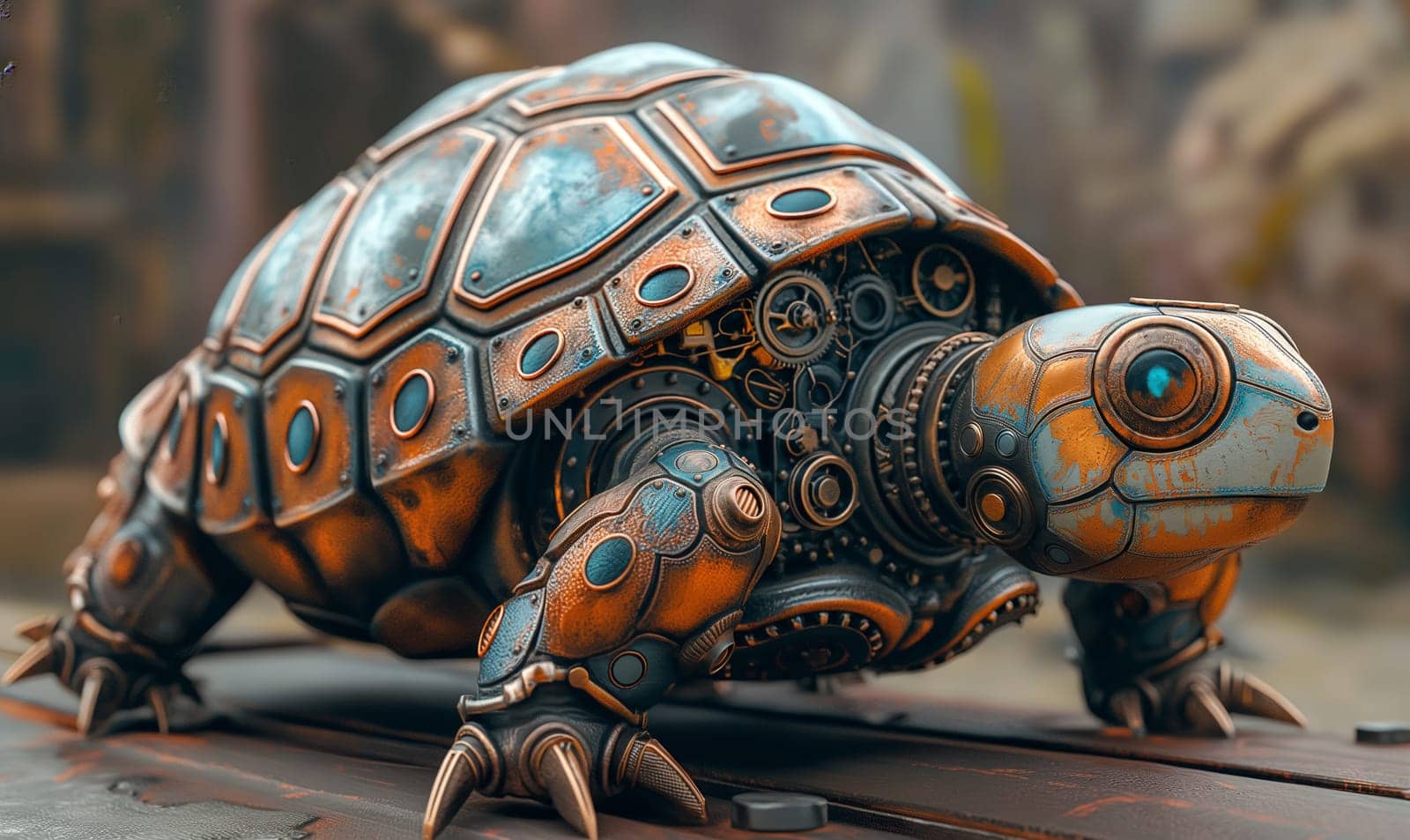 Mechanical turtle on an abstract background. Selective focus.