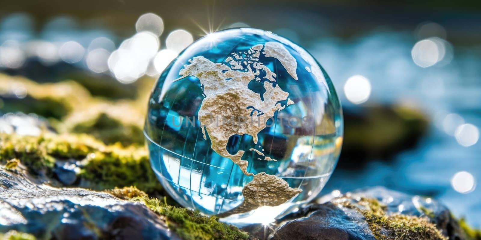 The transparent globe is resting on a pile of rough wet rocks, with smooth and round glass globe. A glass globe on a beach with blurring background. The globe is clear and has a colorful map. AIG35.