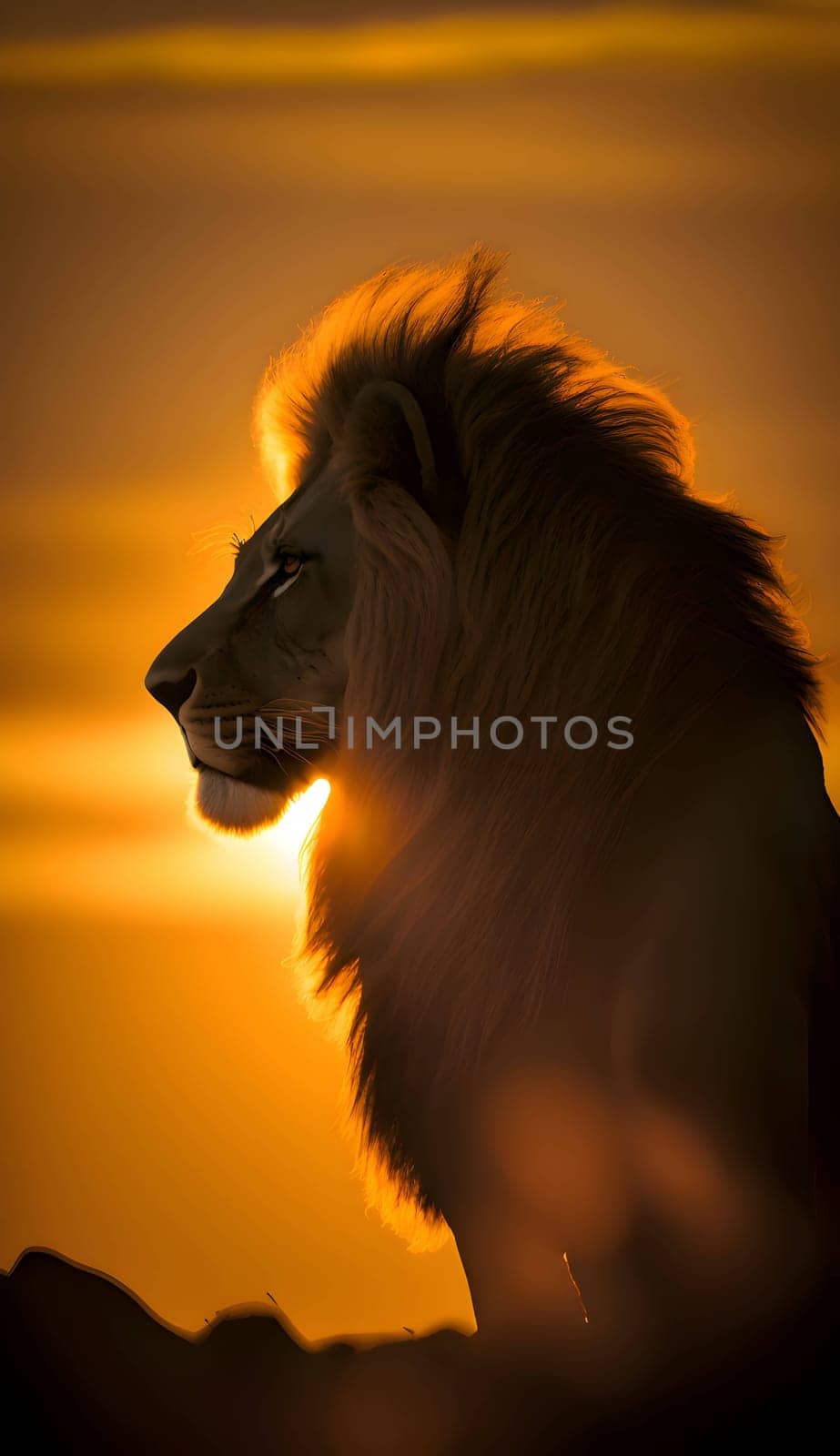 Vector illustration of a lion in black silhouette against a clean sunset background, capturing graceful forms.