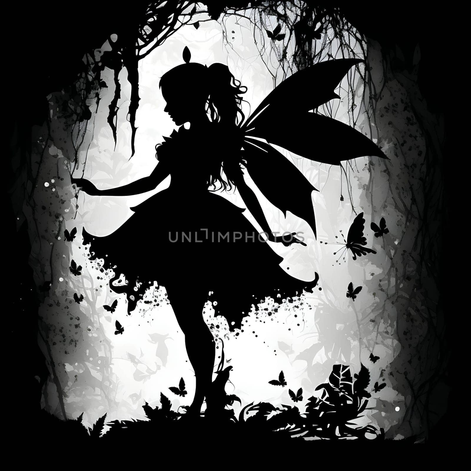 Black silhouette of a fairy on white background. by ThemesS