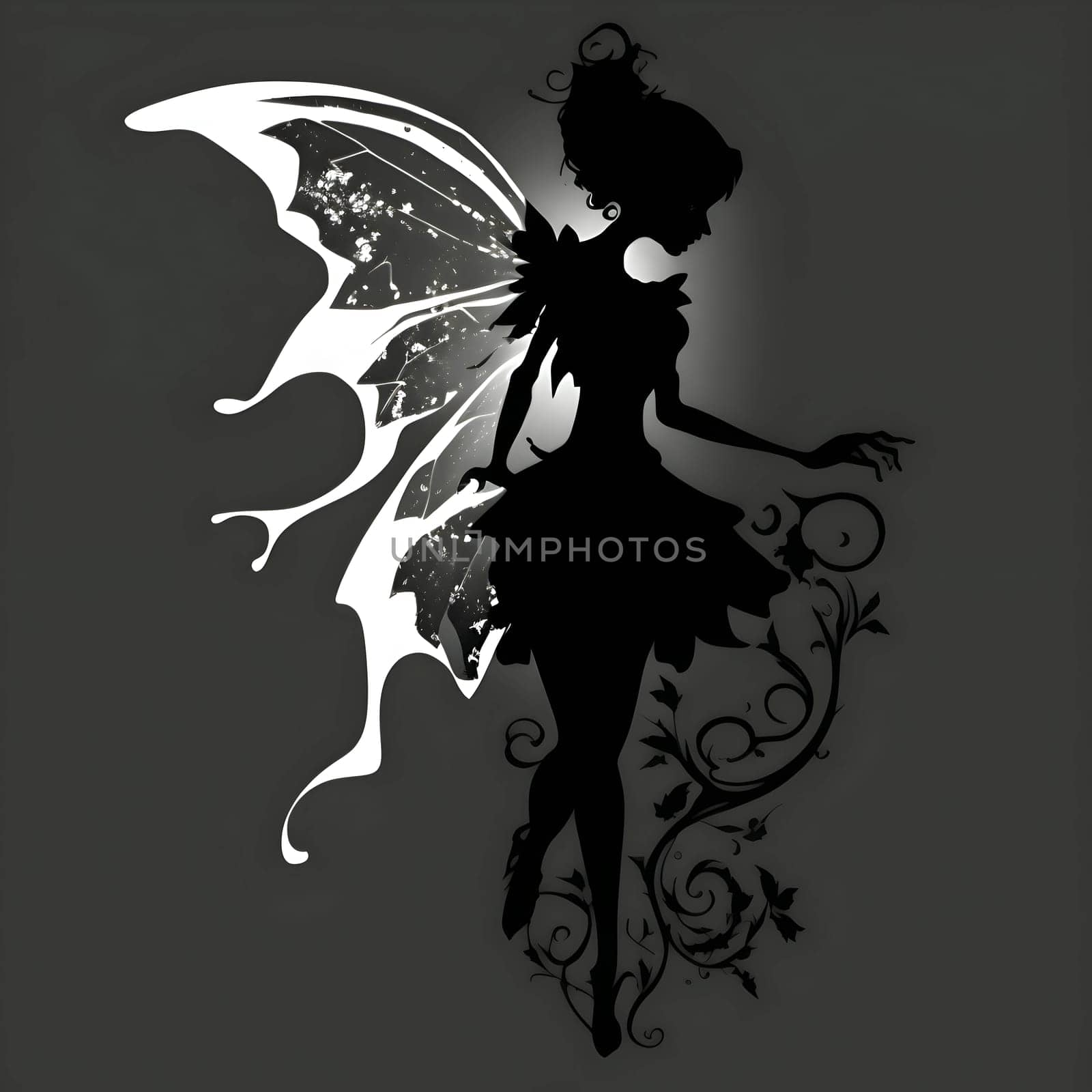 Vector illustration of a fairy in black silhouette against a clean grey background, capturing graceful forms.