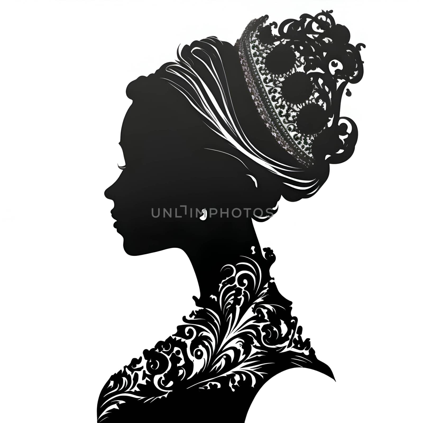 Vector illustration of a portrait of a woman in black silhouette against a clean white background, capturing graceful forms.
