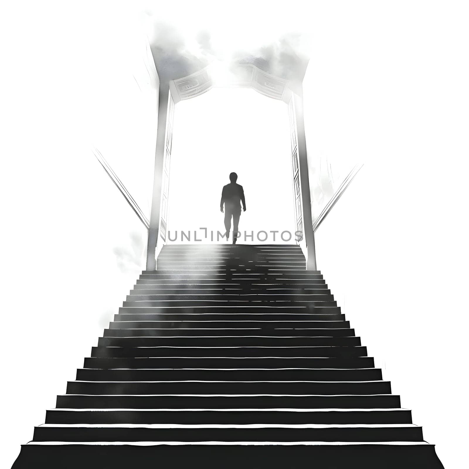 Vector illustration of a man walking on stairs in black silhouette against a clean white background, capturing graceful forms.