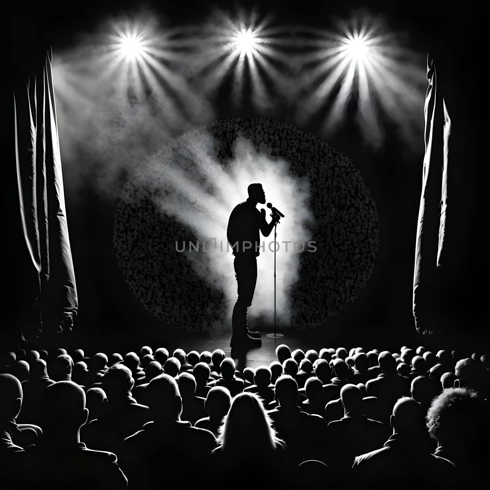 Vector illustration of a singer on stage in black silhouette against a clean black background, capturing graceful forms.