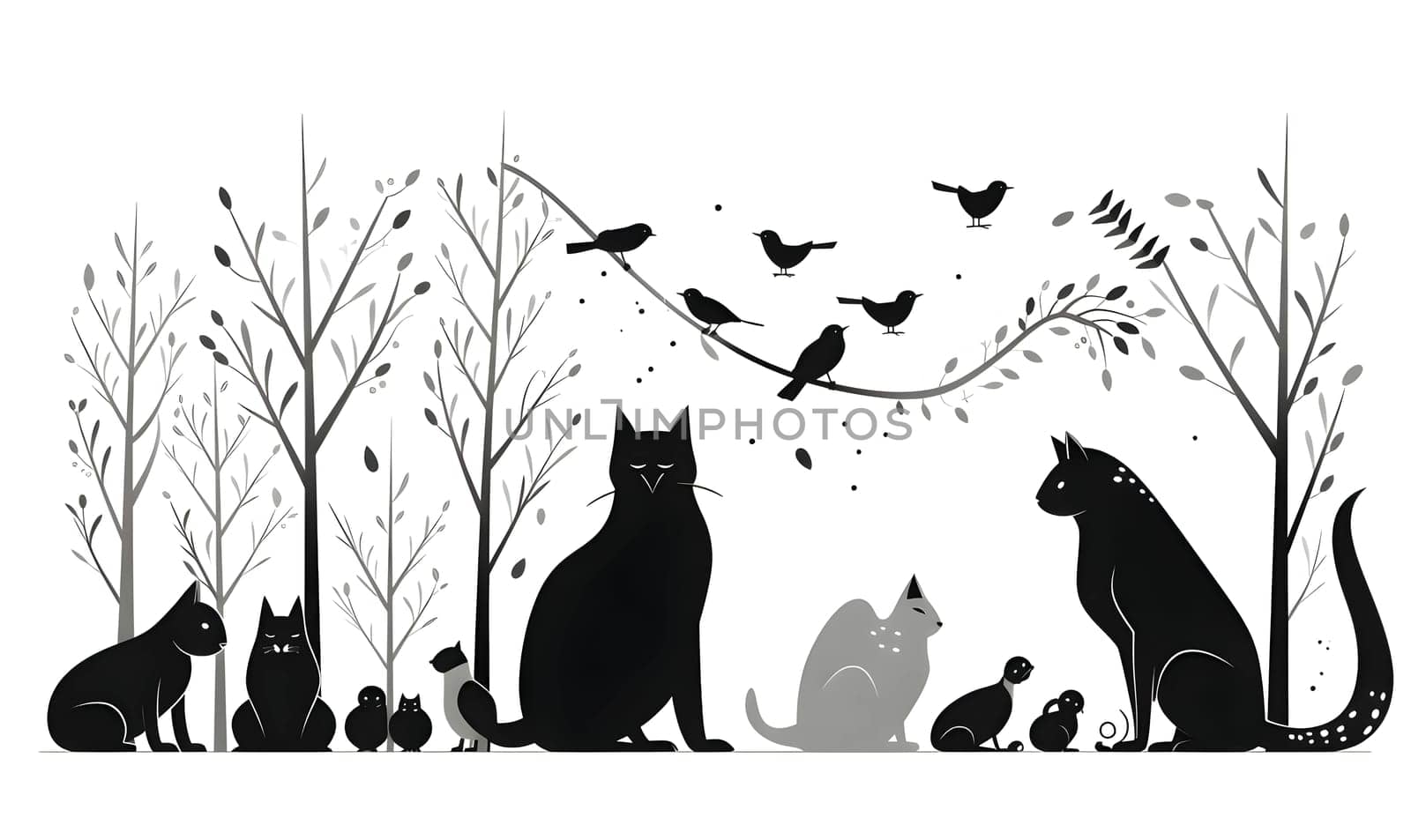 Vector illustration of many cats and birds in black silhouette against a clean white background, capturing graceful forms.