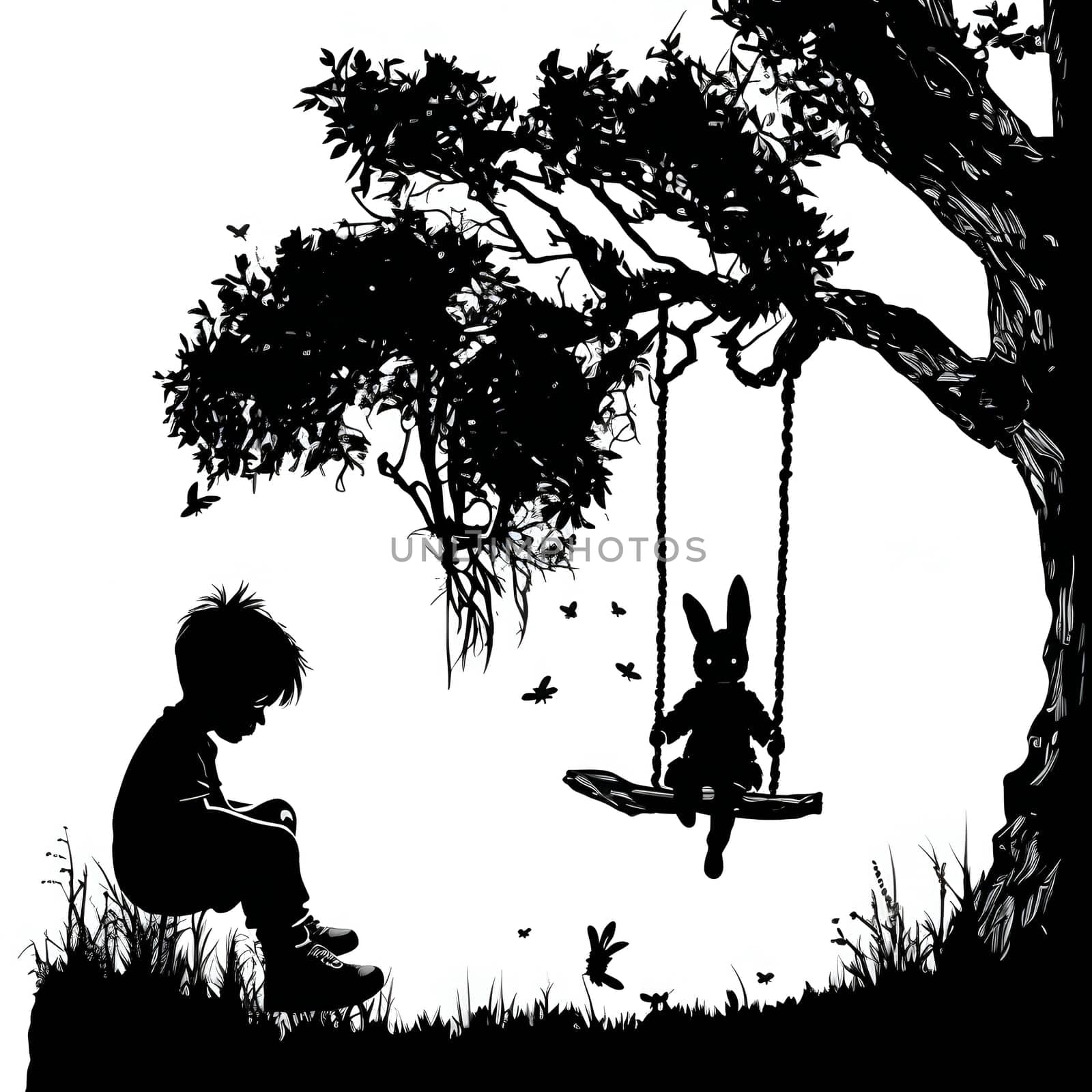 Vector illustration of a boy and a bunny on a swing in black silhouette against a clean white background, capturing graceful forms.
