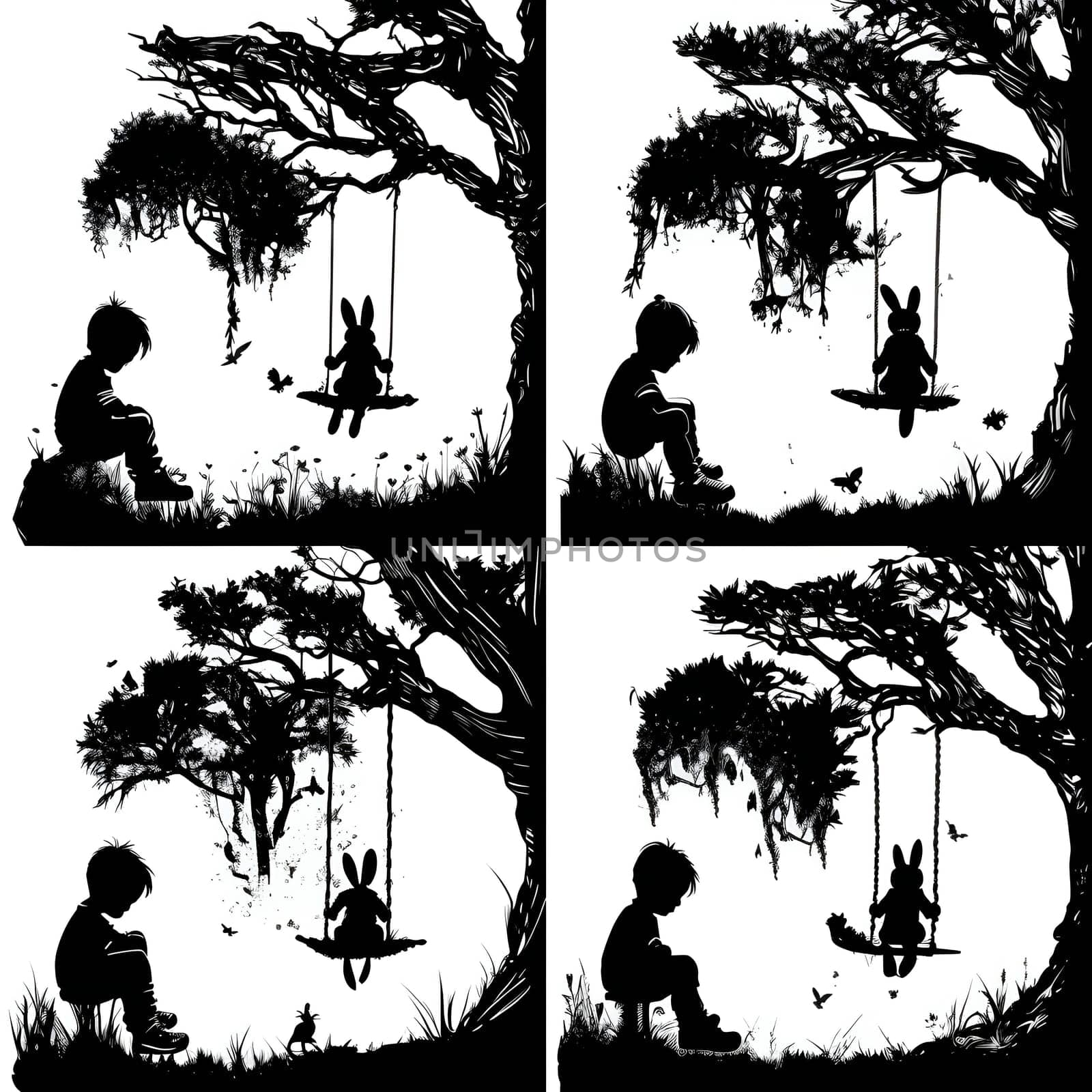 Black silhouette of a boy and a bunny on a swing on white background. by ThemesS