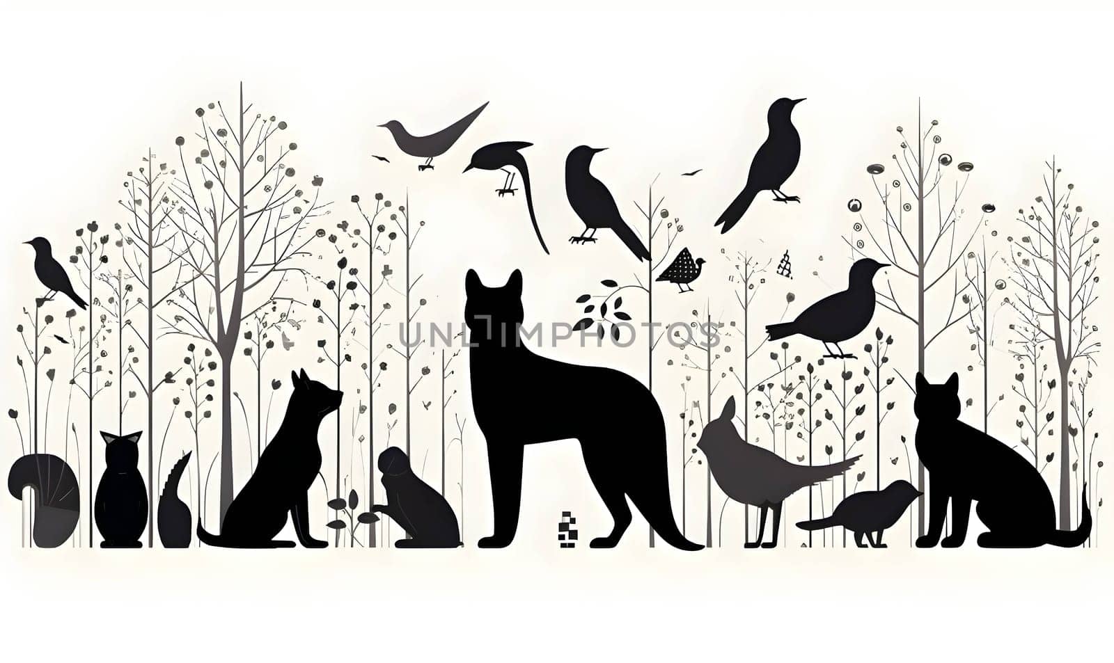 Vector illustration of many cats and birds in black silhouette against a clean white background, capturing graceful forms.