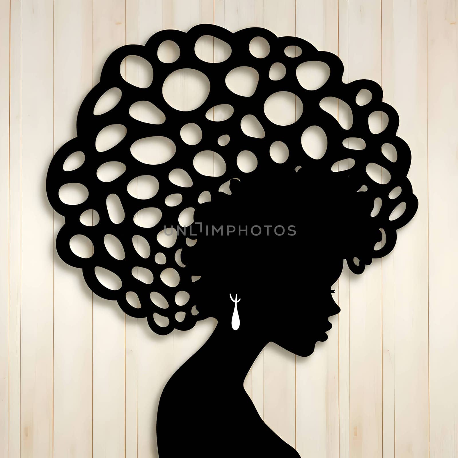 Vector illustration of a woman with afro-textured hair in black silhouette against a clean white background, capturing graceful forms.