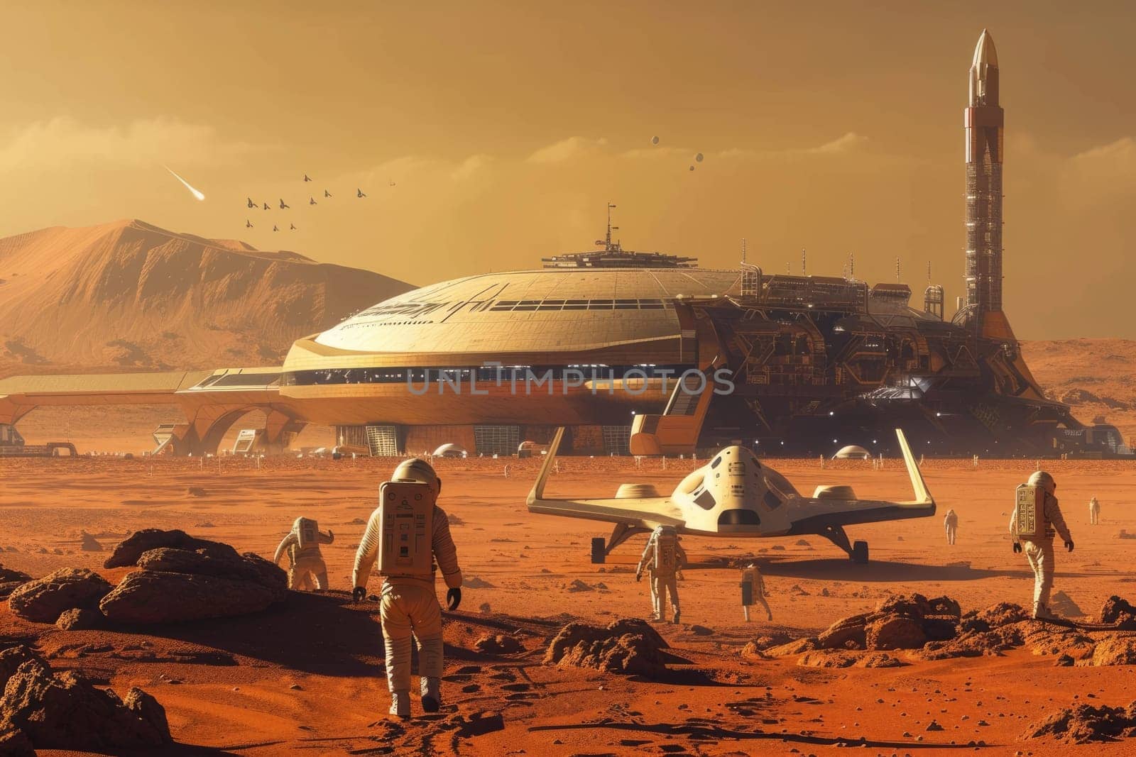 Futuristic Martian spaceport with advanced spacecraft and rocky terrain. Resplendent.