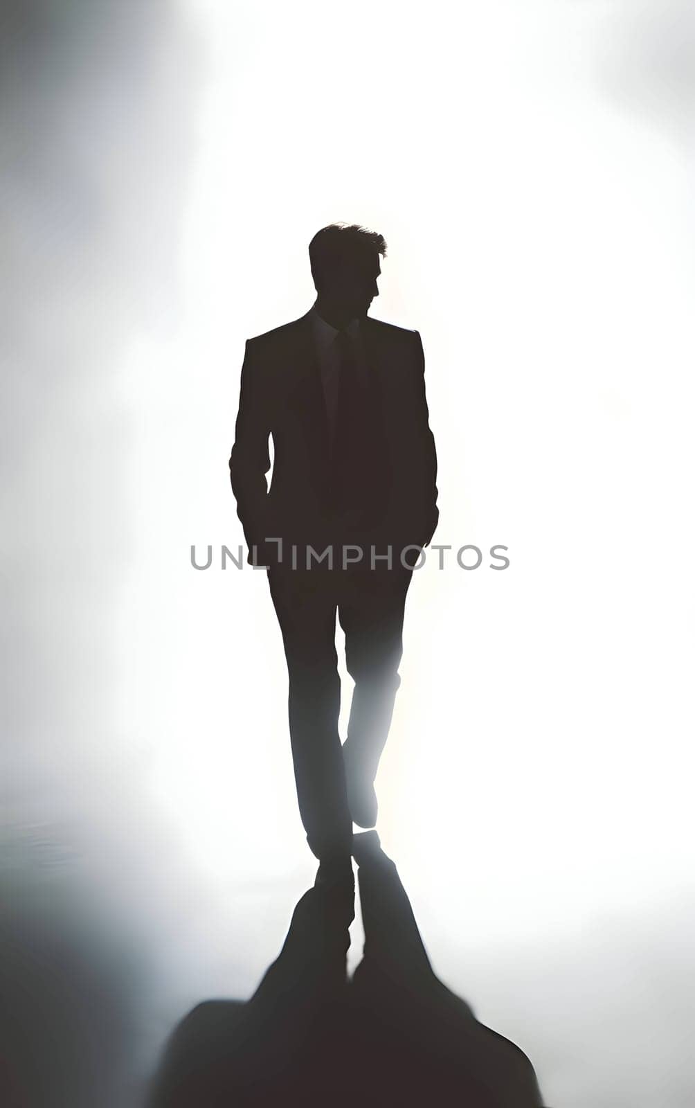 Black silhouette of a walking man in suit on white background. by ThemesS