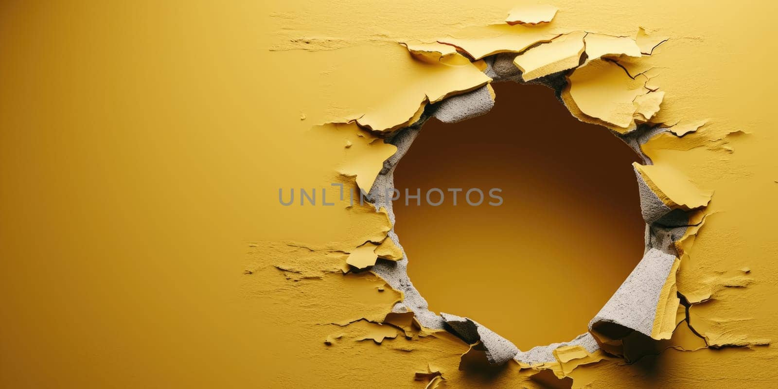Close up view picture of the hollow yellow hole on the the wall that show the breaking part of the wall that has been made from strong material yet still can break to look through other side. AIGX03.