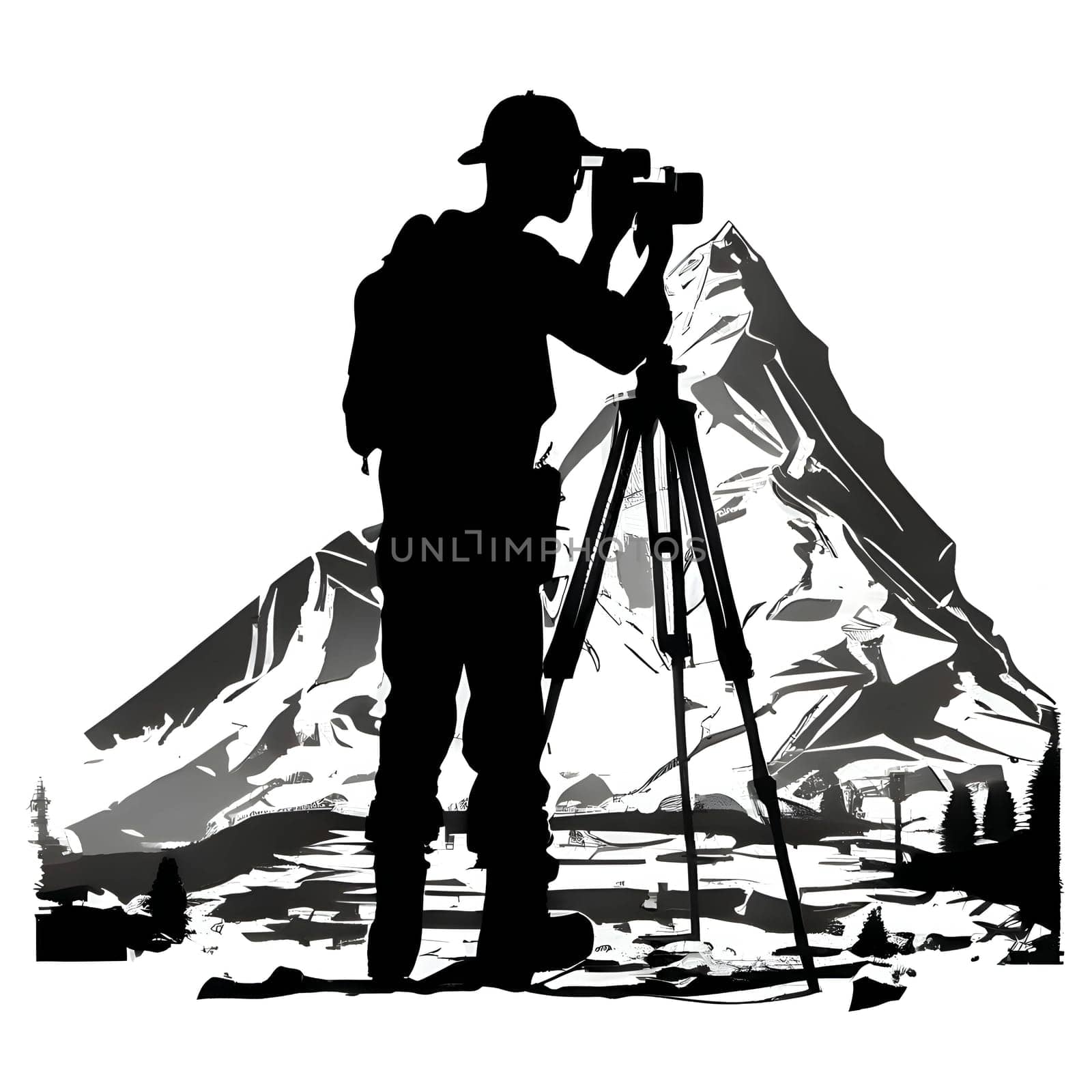 Vector illustration of a photographer and mountains in black silhouette against a clean white background, capturing graceful forms.