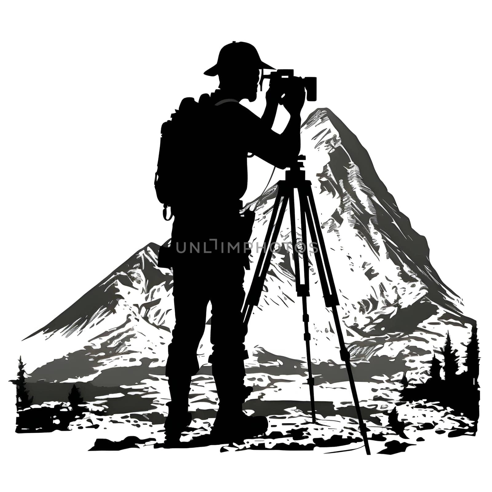 Vector illustration of a photographer and mountains in black silhouette against a clean white background, capturing graceful forms.