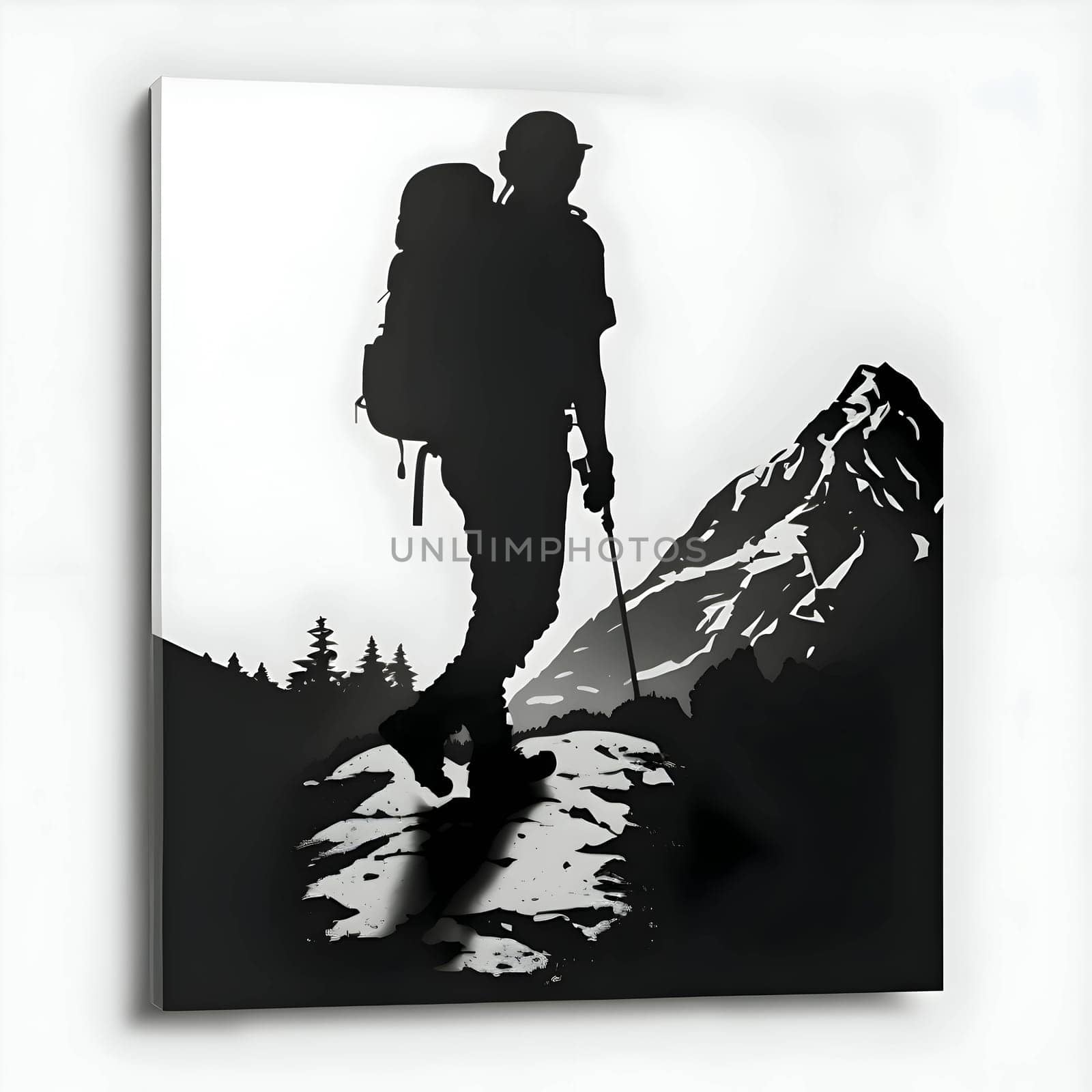 Black silhouette of a man walking on the mountains on white background. by ThemesS