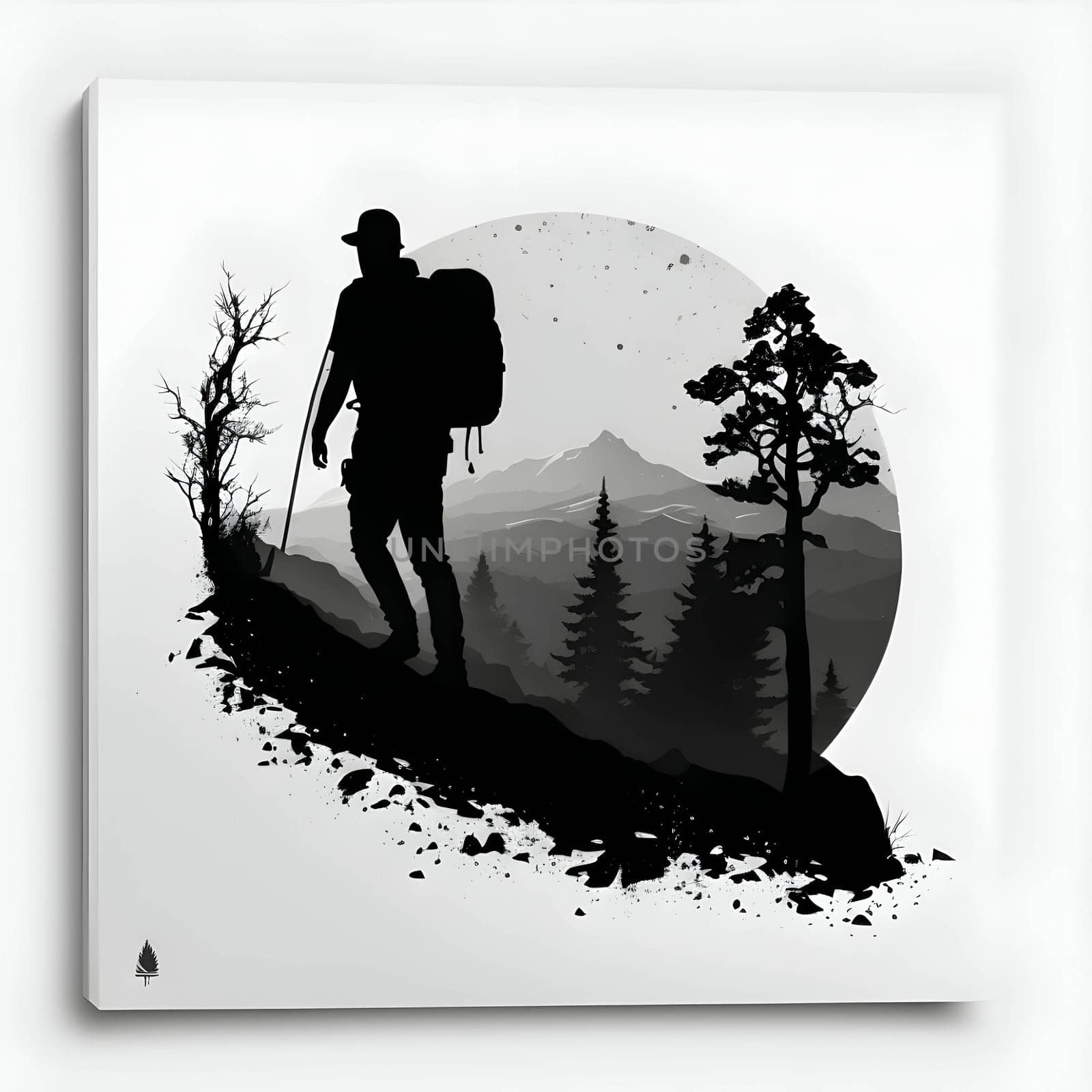 Black silhouette of a man walking on the mountains on white background. by ThemesS