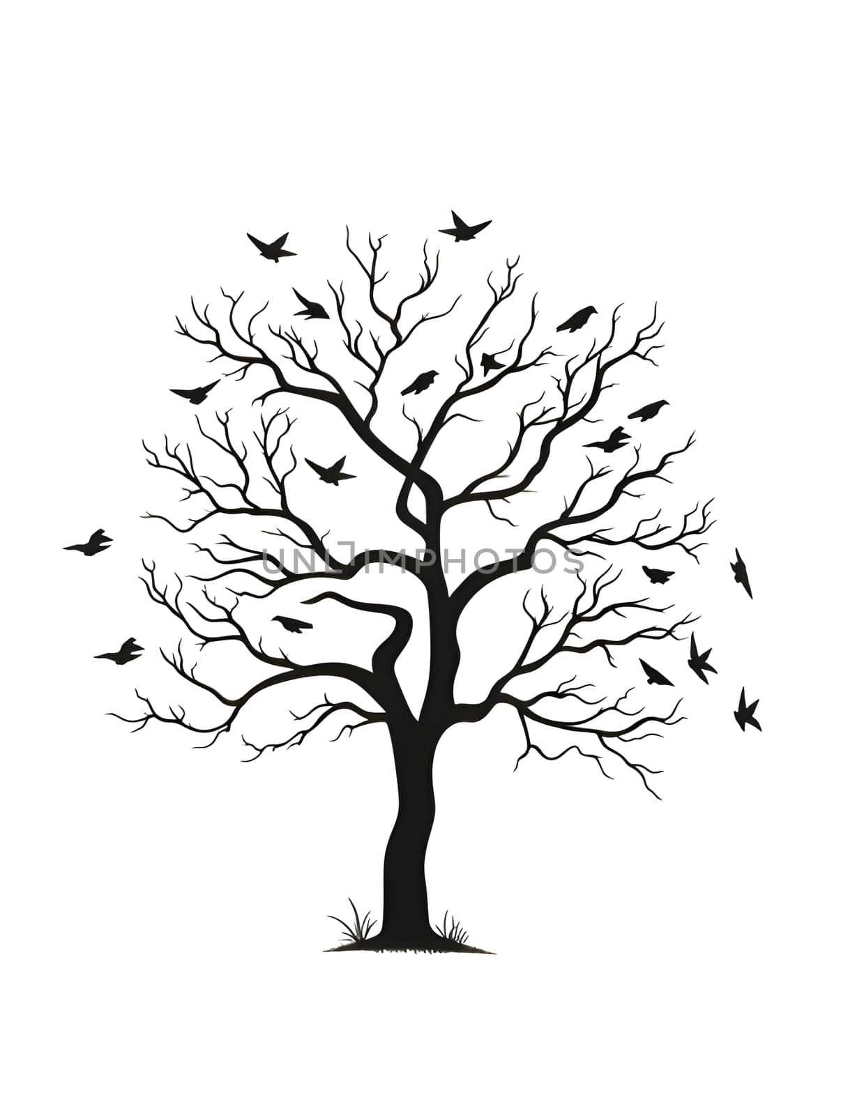 Vector illustration of a trees with birds in black silhouette against a clean white background, capturing graceful forms.