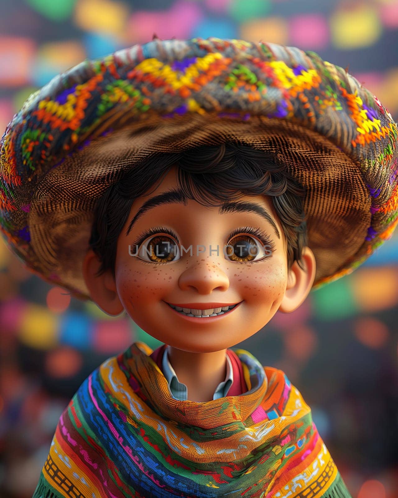 Cartoon, 3D boy in a sombrero and national dress. Selective focus.