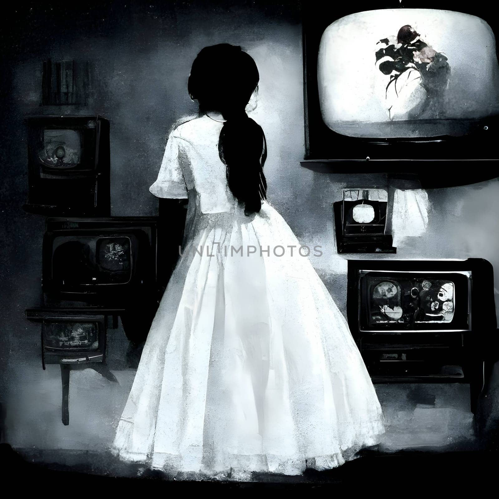 Black silhouette of a girl and tv on white background. by ThemesS