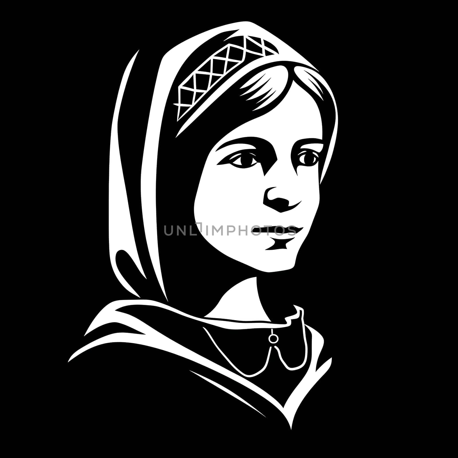 Vector illustration of a young girl with headgear in black silhouette against a clean white background, capturing graceful forms.