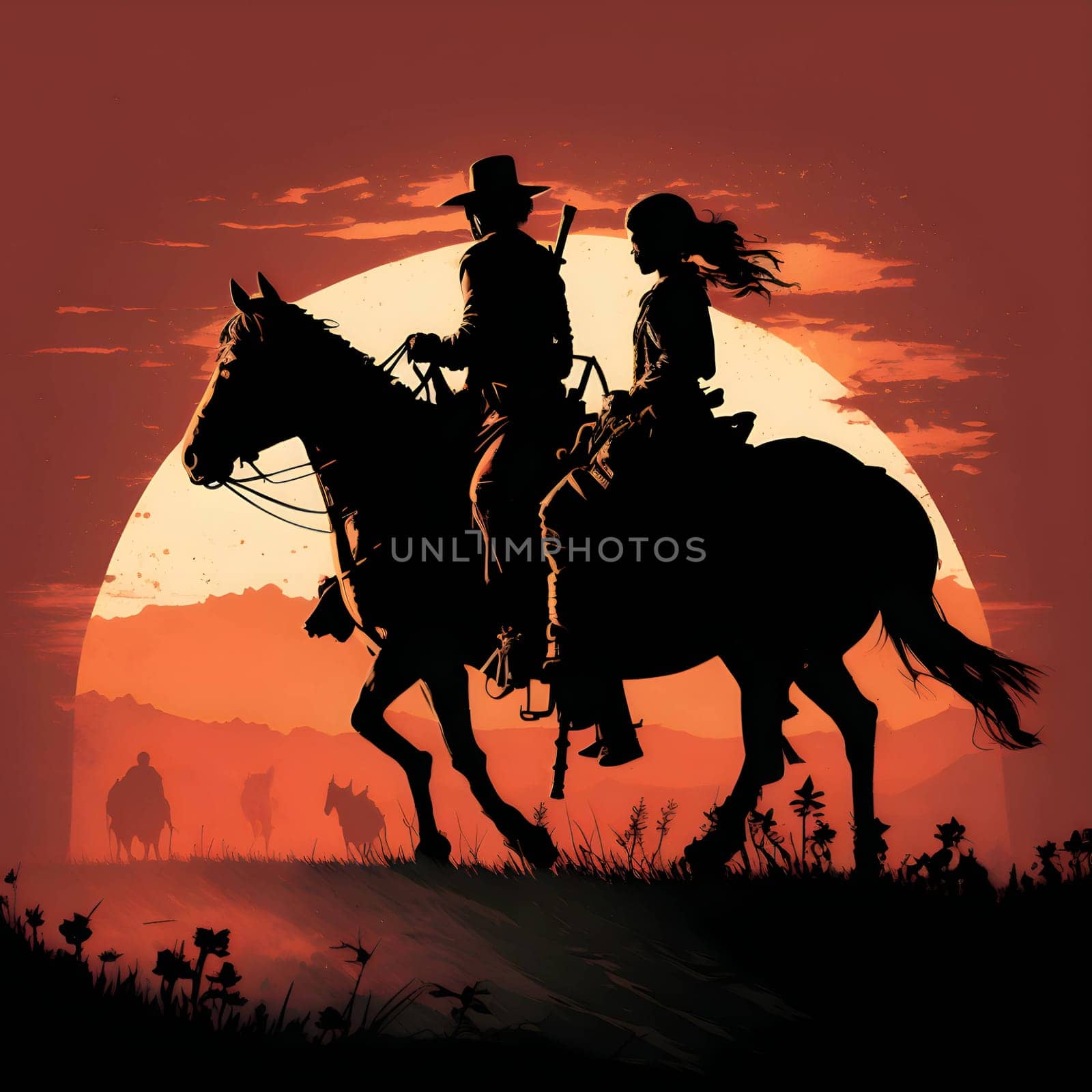 Vector illustration of a man and woman on horseback in black silhouette against a clean red background, capturing graceful forms.