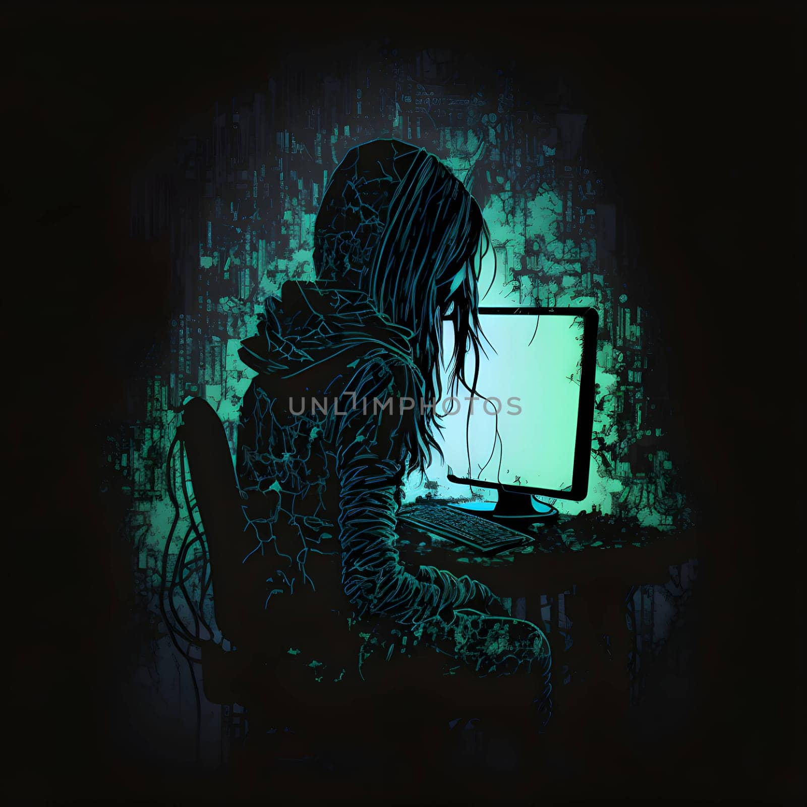 Black silhouette of a girls in front of the monitor on green background. by ThemesS
