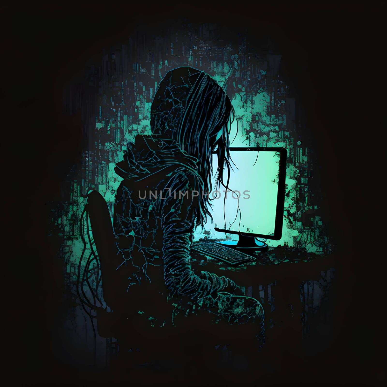 Vector illustration of a girls in front of the monitor in black silhouette against a clean green background, capturing graceful forms.