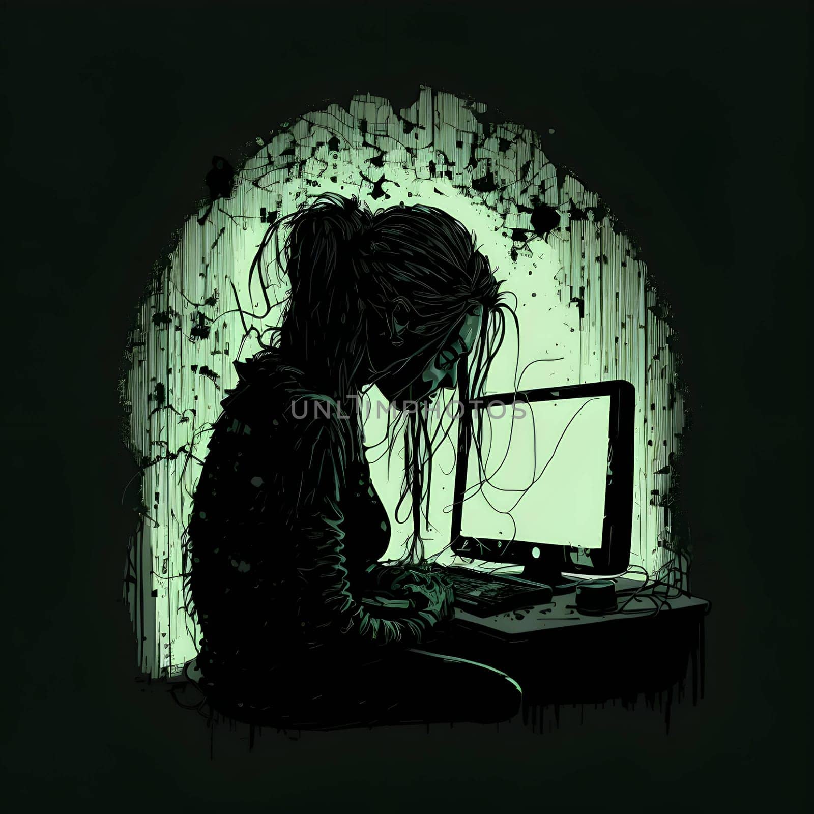 Black silhouette of a girls in front of the monitor on green background. by ThemesS